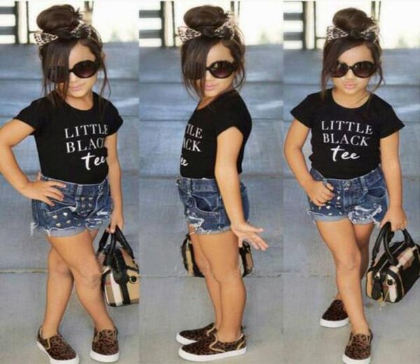 

whole girls ins letters suits children fashion summer short sleeve tshirt denim shorts 2 pieces set suit kids designer cloth9746228, White