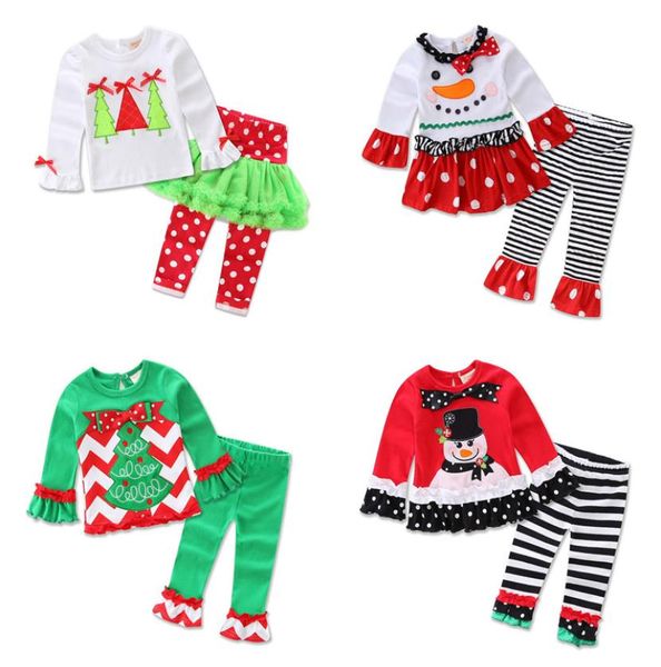

baby christmas outfits girls cartoon snow man ruffle striped costume kids casual clothes girls dot bow boot cut pants flare pants 7315914, White