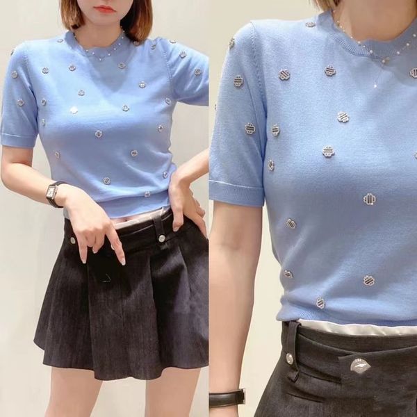 

new -aje wool solid color jewelry knitted short sleeve for women, White