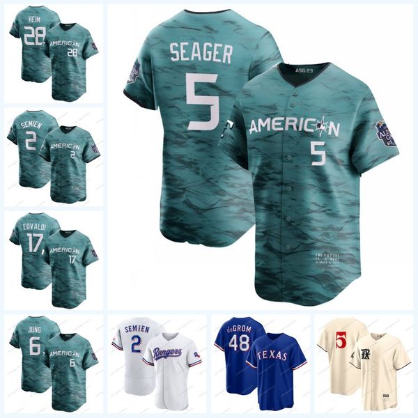 

rangers 2023 all stars jersey 28 jonah heim 2 marcus semien 6 josh jung 5 corey seager 53 adolis garcia 17 nathan eovaldi 13 brad miller 51, Blue;black