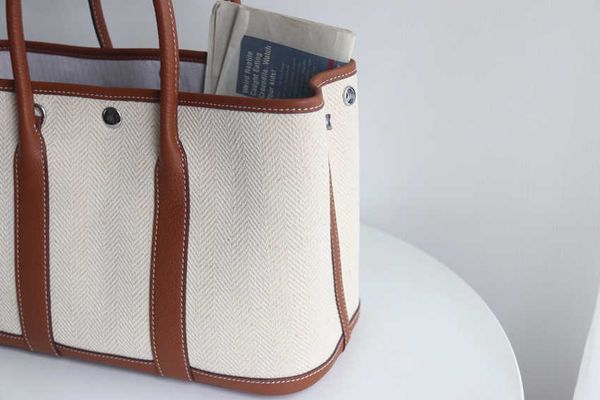 

original hemrres tote bags garden party tote color contrast shopping bag garden 30cm large capacity light canvas with cowhide for women 1 k0