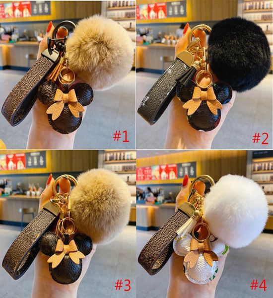 

fashion cartoon keychain cute mouse designer key chain with pompon brown flower pu leather keyring lovers car pendant handbag bags4041191, Blue