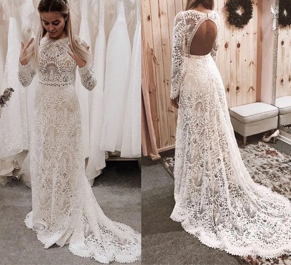 

2023 boho lace wedding dresses long sleeves backless a line jewel neck sweep train beach country wedding gown plus size vestido de novia, White