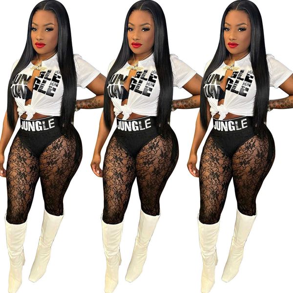 

womens new pants two piece suit split letter printed t-shirt lace perspective outfits, White