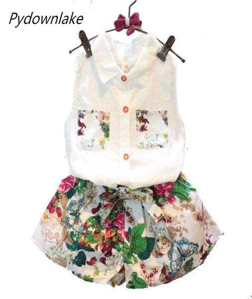 

2018 new fashion summer children girl set kids clothes flowers chiffon halter bows shorts baby girls clothing sets suits5723995, White