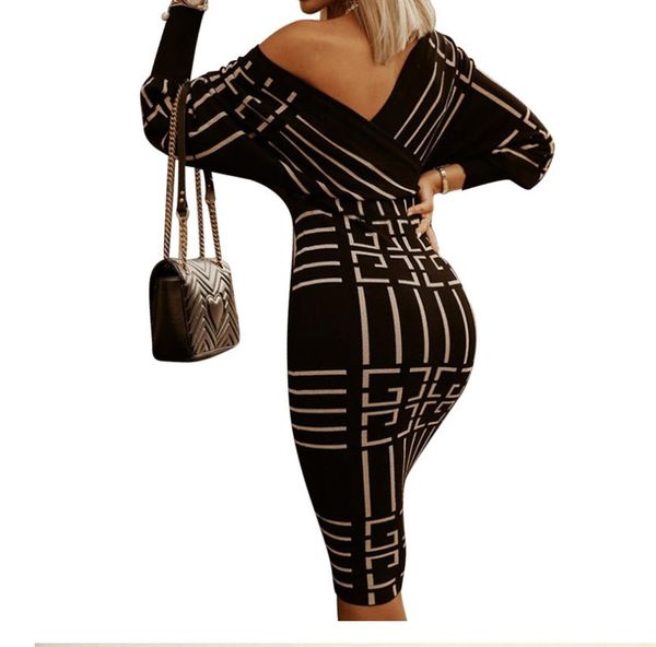 

spring new fashion print pattern long sleeve mid waist bag hip simple elegant fashion atmosphere v-neck dress, White;black