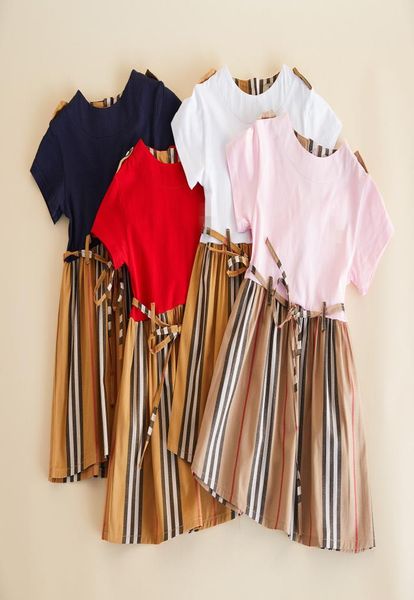 

summer girls stripe dress brand style kids round collar short sleeve pleated dress children belt cotton dress red white navy pink 6444360, Red;yellow