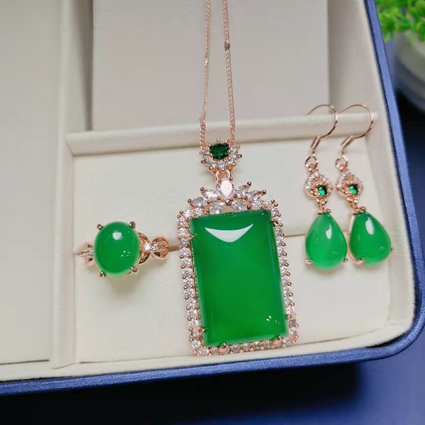 

luxury inlaid crystal high ice green chalcedony pendant necklace ring earrings set 3 piece jewelry set, Black