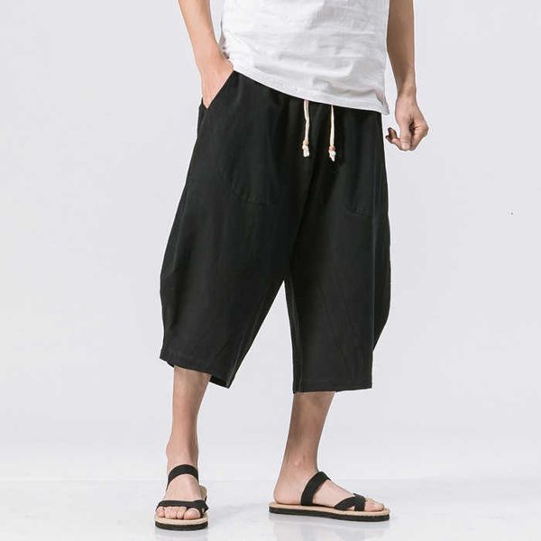 

chinese style 2021 summer new men's linen national trend loose casual pants seven point harlan fashion, White;black