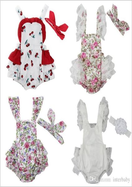 

baby clothes girl cotton rompers headband suits ruffle diaper pants hairband outfits newborn floral print oneises headwrap kids cl8392412, White