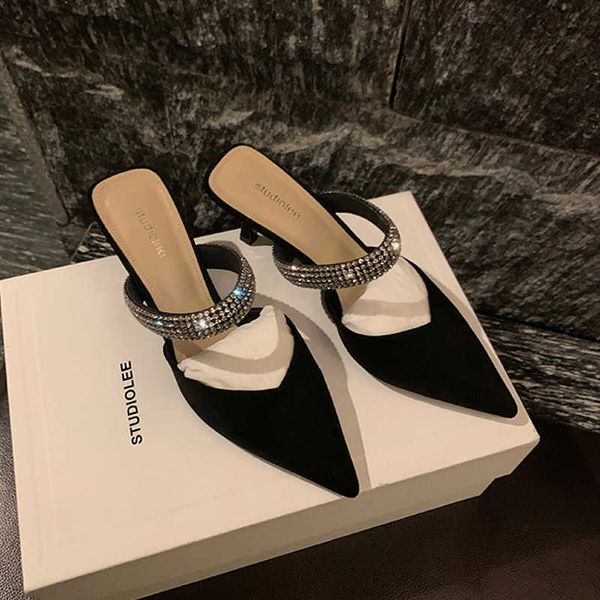 

lady sandals french high heel for women new summer style sparkling rhinestone thin pointed single shoe half trailer 230626, Black
