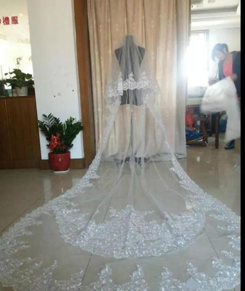 

selling ivory white wedding veils 3 meters long veils lace applique crystals two layers cathedral length bridal veil re7561498, Black