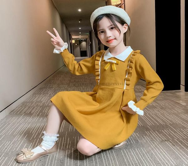 

girls knitting dresses autumn children lapel ruffle knitted long sleeve dress kids sweater princess clothing a76558612929, Red;yellow