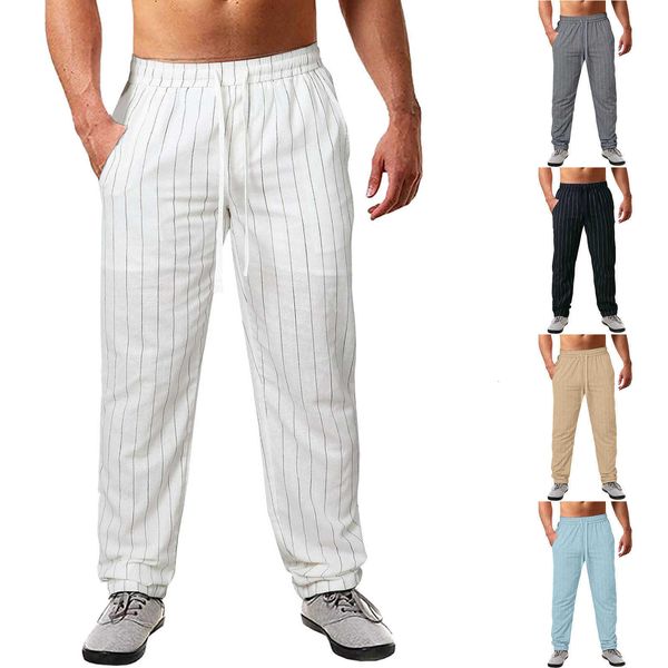 

2023 new men's vertical stripe tied elastic waist cotton hemp beachwear casual pants, White;black