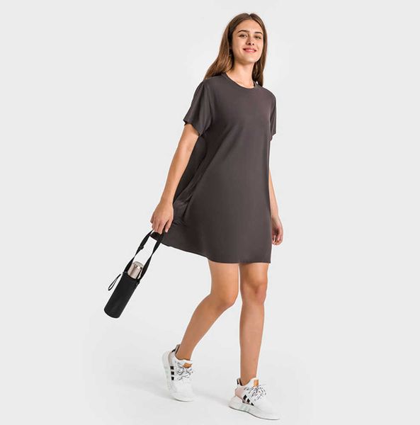 

luluss relaxed fit round neck skirts yoga clothes nake feeling t-shirt black sports skirt outdoor casual dresses skin friendly soft dress fa, Black;gray