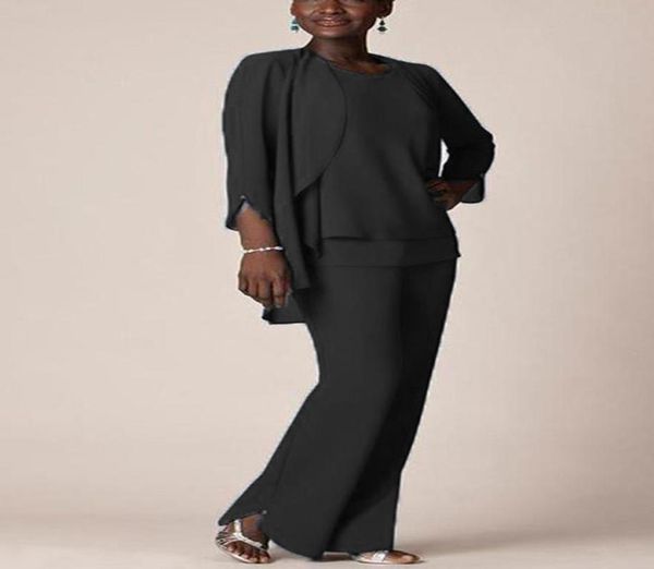 

women039s 3 pieces elegant ruffles chiffon mother of the bride dress pants suit 34 sleeves with jacket outfit for wedding groo8786697, Black;red