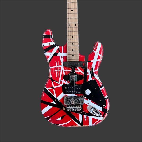 

st electric guitar edward eddie van halen black white stripe red heavy relic maple neck, floyd rose tremolo & locking nut
