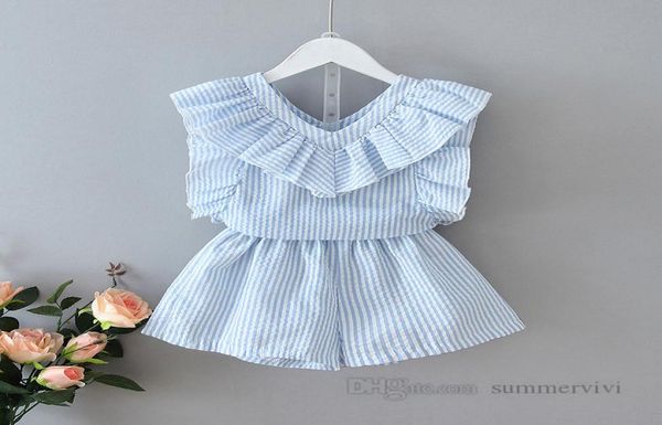 

summer girls stripe clothing sets kids falbala vneck ruffle fly sleeve loose shorts 2pcs children princess outfits q04253787669, White
