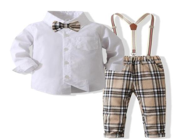 

baby boys gentleman style clothing sets spring autumn kids white long sleeve shirt with bowtieplaid suspender pants 2pcs set chil2826840