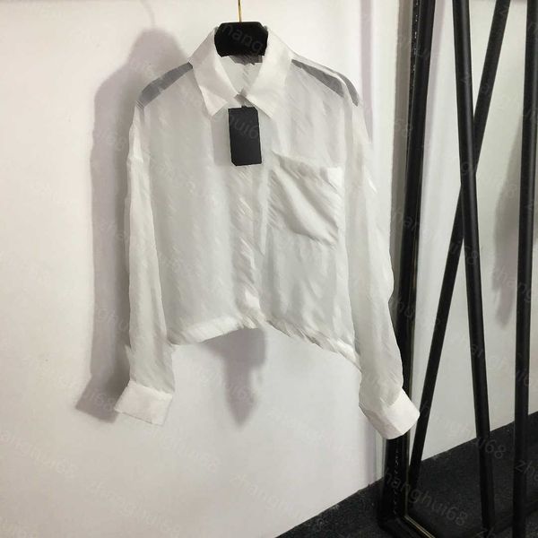 

23ss women shirt womens designer clothing high neck blouse flocked logo letter see-through lapel long sleeve shirt women clothes, White