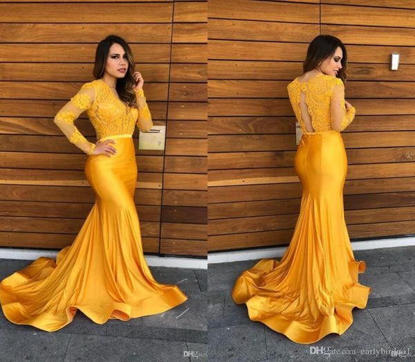 

yellow lace mermaid prom party dresses vintage sheer lace vneck evening gowns formal red carpet dress with long sleeves7419992, Black