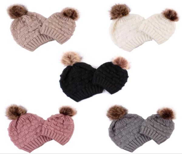 

2pcsset mom and baby knitting hat wool baby family matching hat winter warm cap pompom bobble beanie hats5672933, Yellow