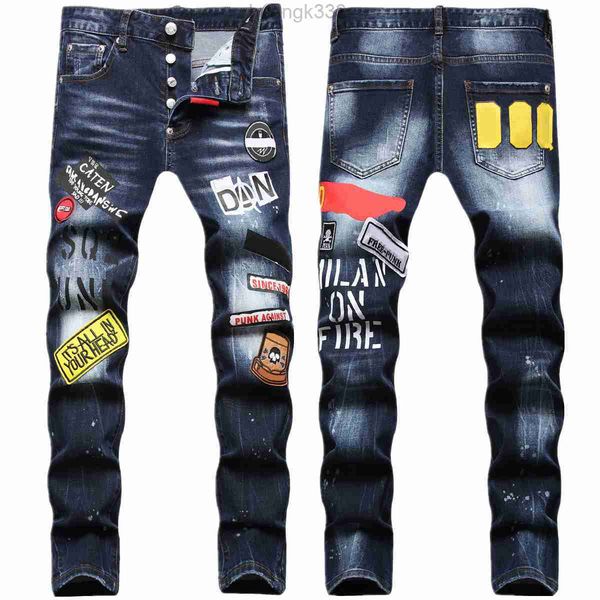

jeans mens men jean hip hop pants street trend zipper chain decoration ripped rips stretch black fashion slim fit washed motocycle denim pan, Blue
