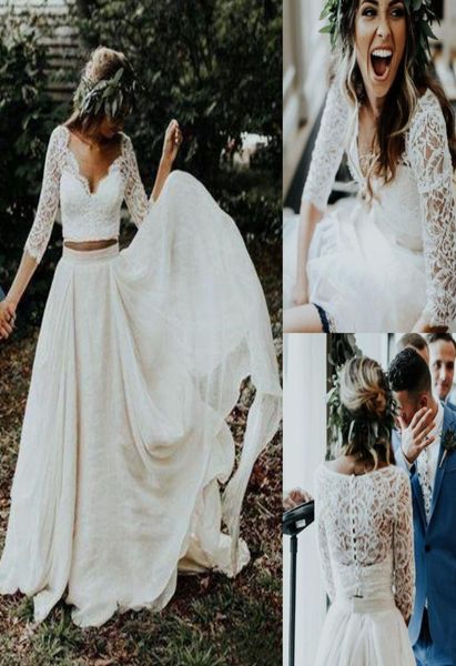 

two pieces beach boho wedding dresses bridal gowns 2021 lace soft tulle chiffon bohemian country plus size long a line bride dress2903235, White
