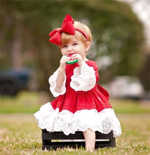 

long sleeve red lace dress baby girl princess dress kids christmas party lace dress with headband outfit chidlren xmas clothes6786633, Red;yellow