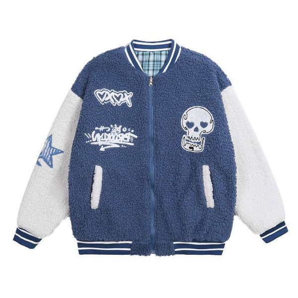 

womens jackets hiphop jacket women and man reversible lamb wool cotton coat baseball oversized cotton coat ins skull plaid coat 230705, Black;brown