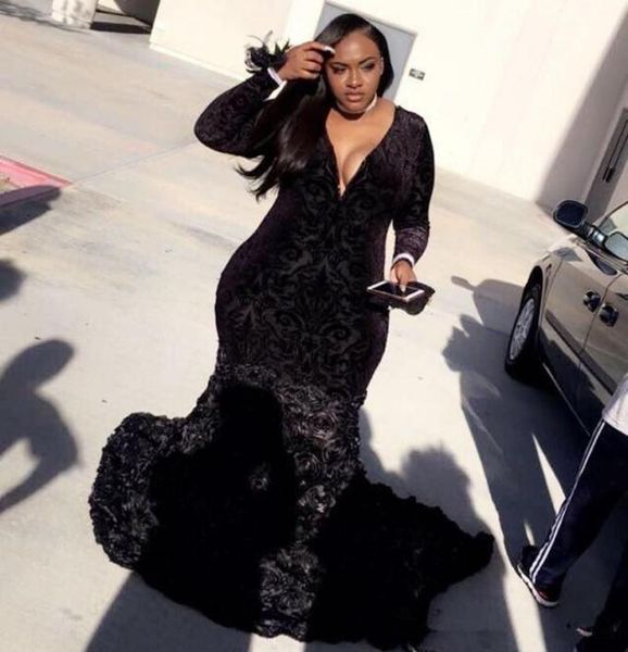 

plus size african black girls mermaid prom dresses dark lace long sleeves handmade flowers 3d rose train evening party gowns7086191, Black;red