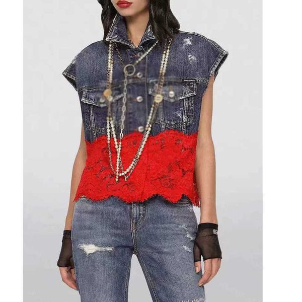 

23ss womens designer clothing waistcoat casual waistcoats lapel denim lace patchwork vest coat womens clothing a1, Black;white