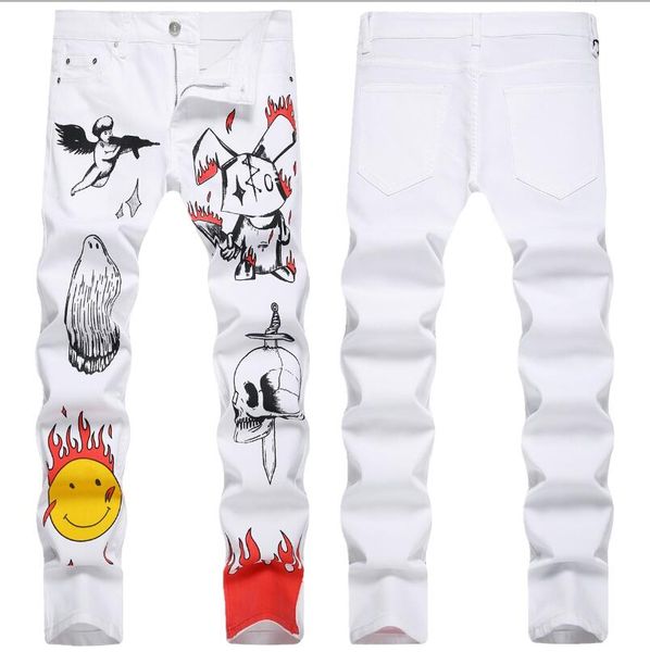 

2023 spring new men's white jeans elastic fashion slim fit print dyed mid waist pants trousers gzhsh13x13, Blue