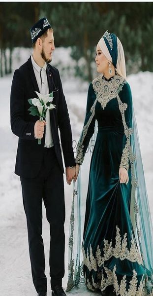 

muslim teal wedding dresses with wrap long sleeve jewel sweep train velvet appliques chapel garden bridal gowns vestidos de novia 1160928, White