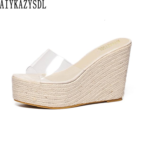 

sandals aiykazysdl women slippers mules clear transparent wedge cane hemp rope straw thick sole bottom shoes platform high heels 230704, Black
