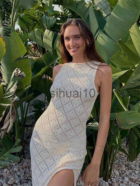 

casual dresses women hollow split sleeveless maxi dress 2023 summer female o neck knitted splited long dress lady beach vacation dresses j23, Black;gray
