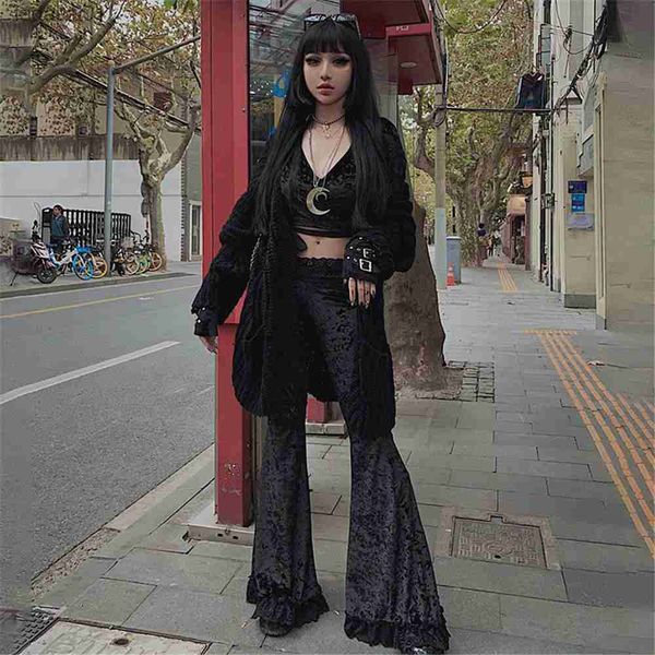 

fashion patchwork lace solid flare pants women gothic dark high waist loose trousers 2021 new street suede pants l230621, Black;white