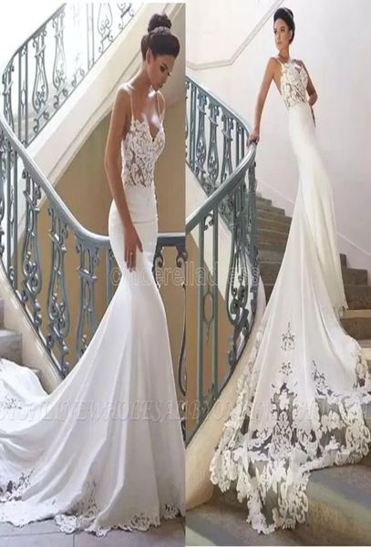 

2022 lace appliqued mermaid wedding dresses vintage spaghetti open back beach bohemian bridal gown bm09685604188, White