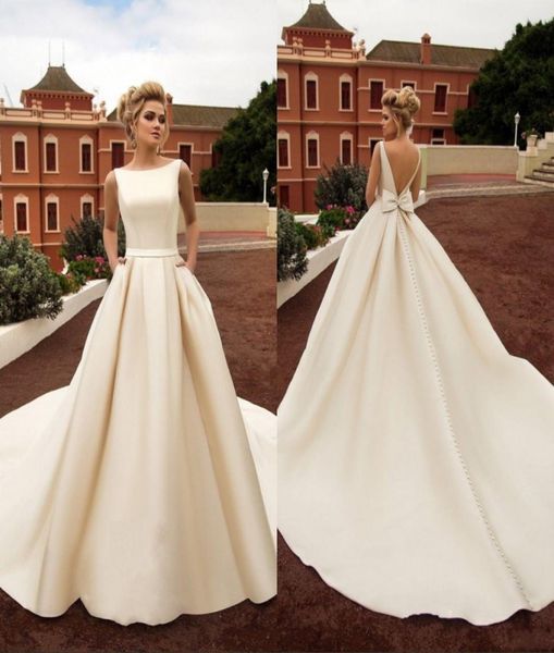 

vintage country satin wedding dresses with pockets bow boho beach a line backless wedding dress bridal gowns9730694, White