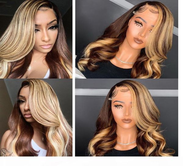 

brown honey blonde highlight wig 13x6 lace front human hair wigs body wave atina full 360 lace frontal wig remy hd closure3727817, Black;brown