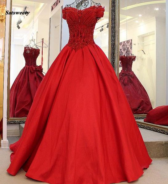 

red vintage puffy ball gowns vneck beaded bow saudi arabic prom dresses appliques lace up formal party dress robe de soiree8750894, Black