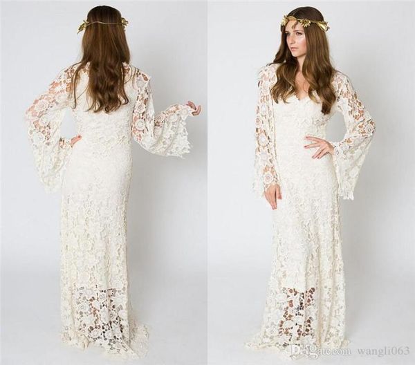 

vintage bohemian beach wedding dresses bell sleeves lace crochet hippie wedding dress floor length boho bridal gowns6046841, White
