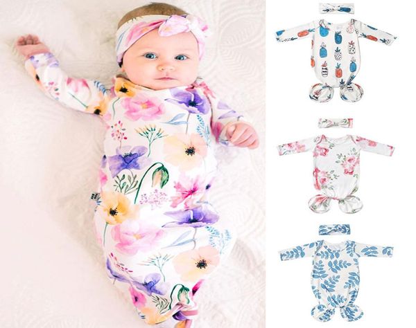 

baby knotted sleeping bags cartoon printed long sleeve swaddle wrap infant newborn floral knot gown headband set m41517146909