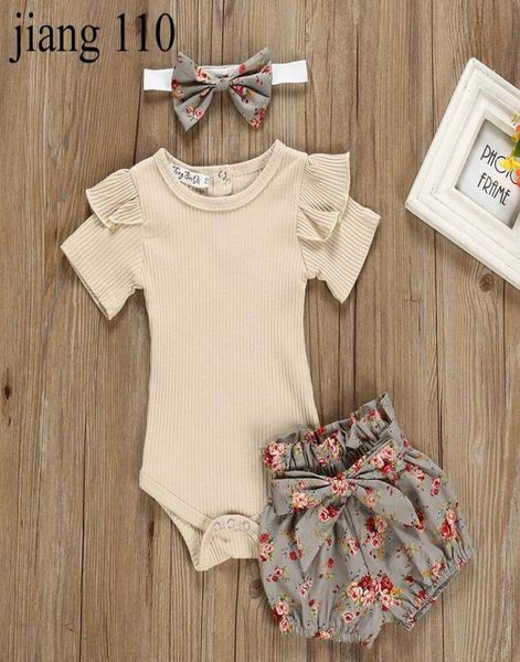 

baby girls summer clothes set for toddler kids newborn ruffled bodysuit short sleeve romper bowknot floral shortsheadband 39469565, White