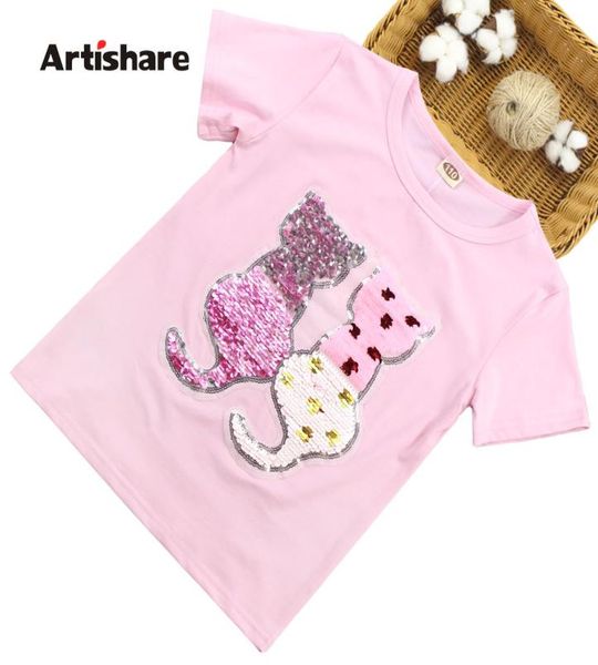 

tshirts for girls cartoon cat girls changable sequins kids tshirt teenage kids summer clothes 6 8 10 12 13 14 year 2103024585325, Blue