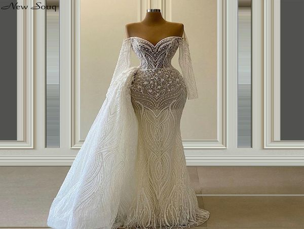 

gorgeous mermaid long sleeve lace wedding dresses with removable train overskirts 2020 illusion o neck bridal gowns1269413, White