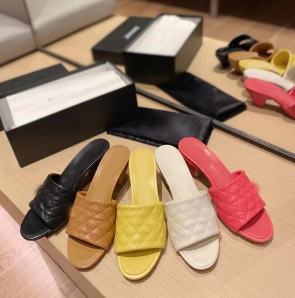 

mules lambskin sandals women summer slides designer luxury yellow white black blue red outdoor shoes high heels leather banquet slippers