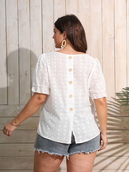 

women's plus size tshirt finjani button detail schiffy blouse women short sleeve hollow oversized tshirt summer casual temperament 2307, Black