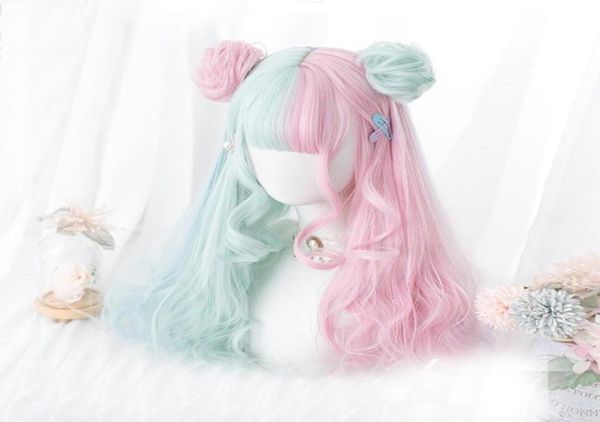 

cosplaymix 57cm lolita makaron color pink mixed mint green blue ombre long curly bangs cute synthetic buns cosplay wig1677994, Black