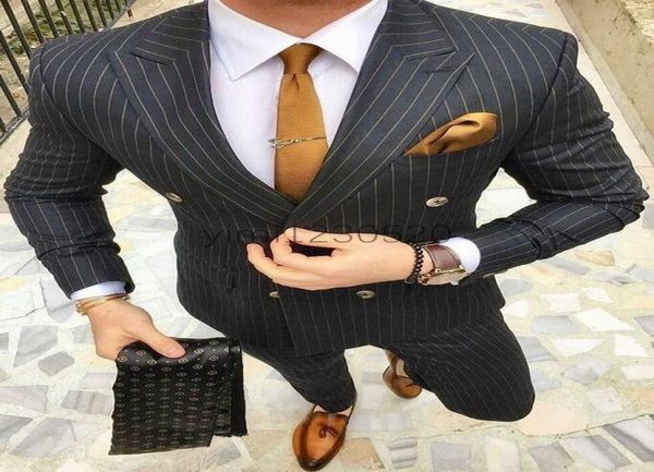

handsome pinstripe men suits for wedding peaked lapel double breasted formal business suit for men terno masculino mens tuxedos pa9429396, Black;gray